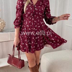 Alternative view of Sukienka Ewa mini bordowa w kwiatki